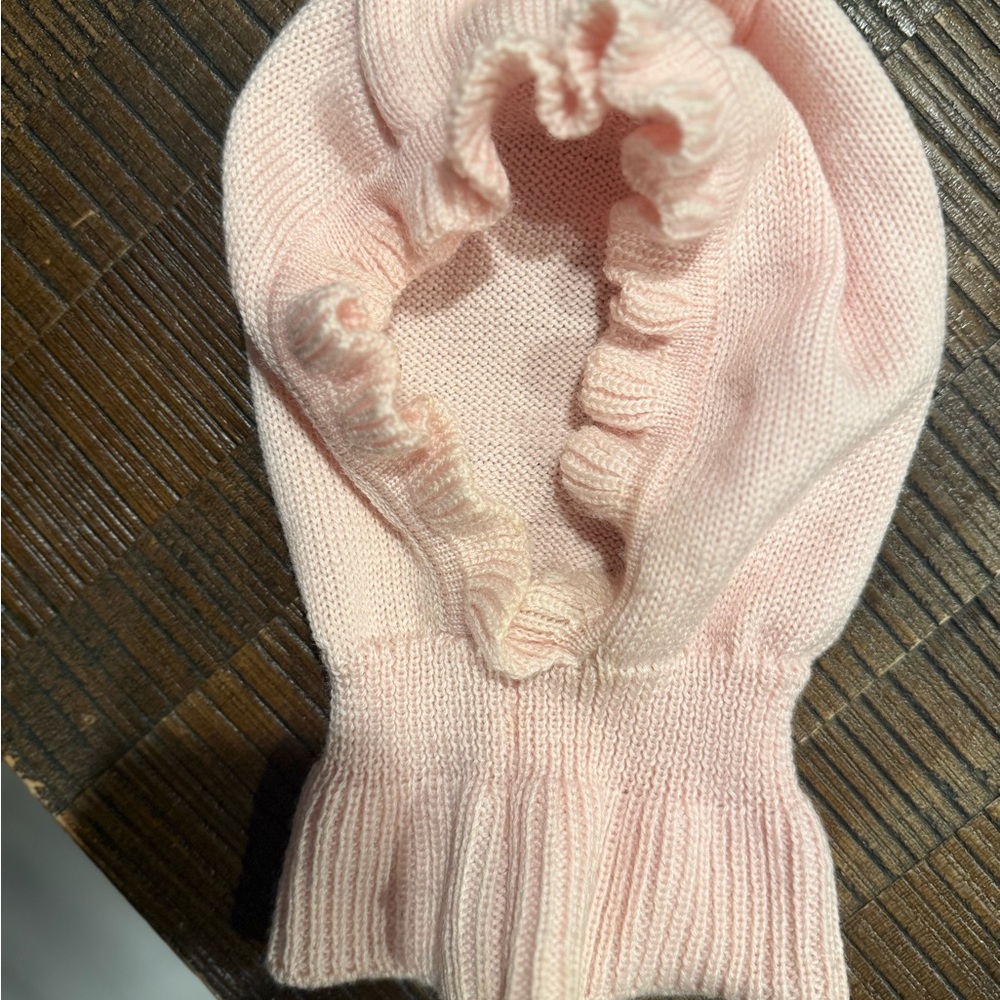 Catya Pale Pink Ruffle-Trim Knit Balaclava Hat- size 4
